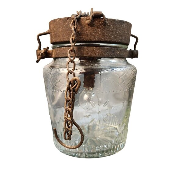 Vintage Glass Jar Pendant Light With Embossed Floral Design & Rusty Metal Lid - Picture 1 of 14